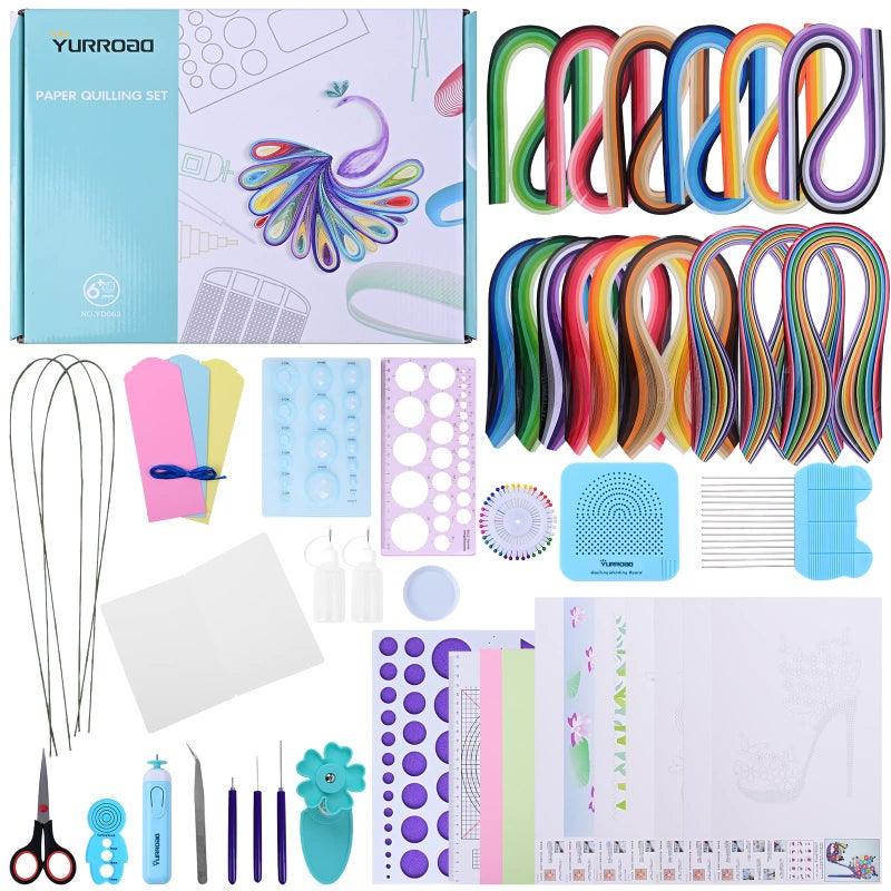 YURROAD Quilling Kit with 1860 Paper Strips 39cm/54cm and Quilling Tools Like Quilling Pen Slotted Tool Paper Rolling Electric Pen Template Board Quilling DIY Tool Grid Guide Paper Design Drawings Scissors - Image 1